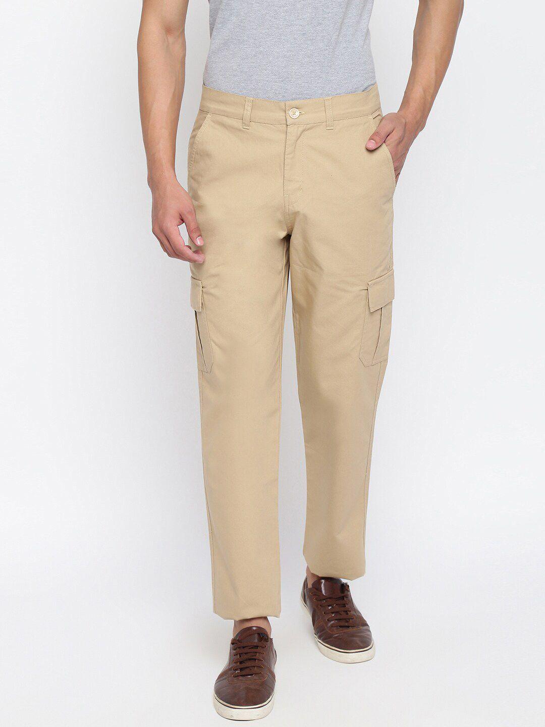 fabindia-men-beige-easy-wash-regular-fit-solid-cotton-cargos-trousers