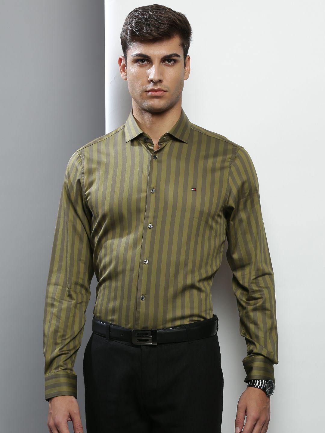 tommy-hilfiger-men-olive-green-&-charcoal-grey-linen-slim-fit-striped-formal-shirt