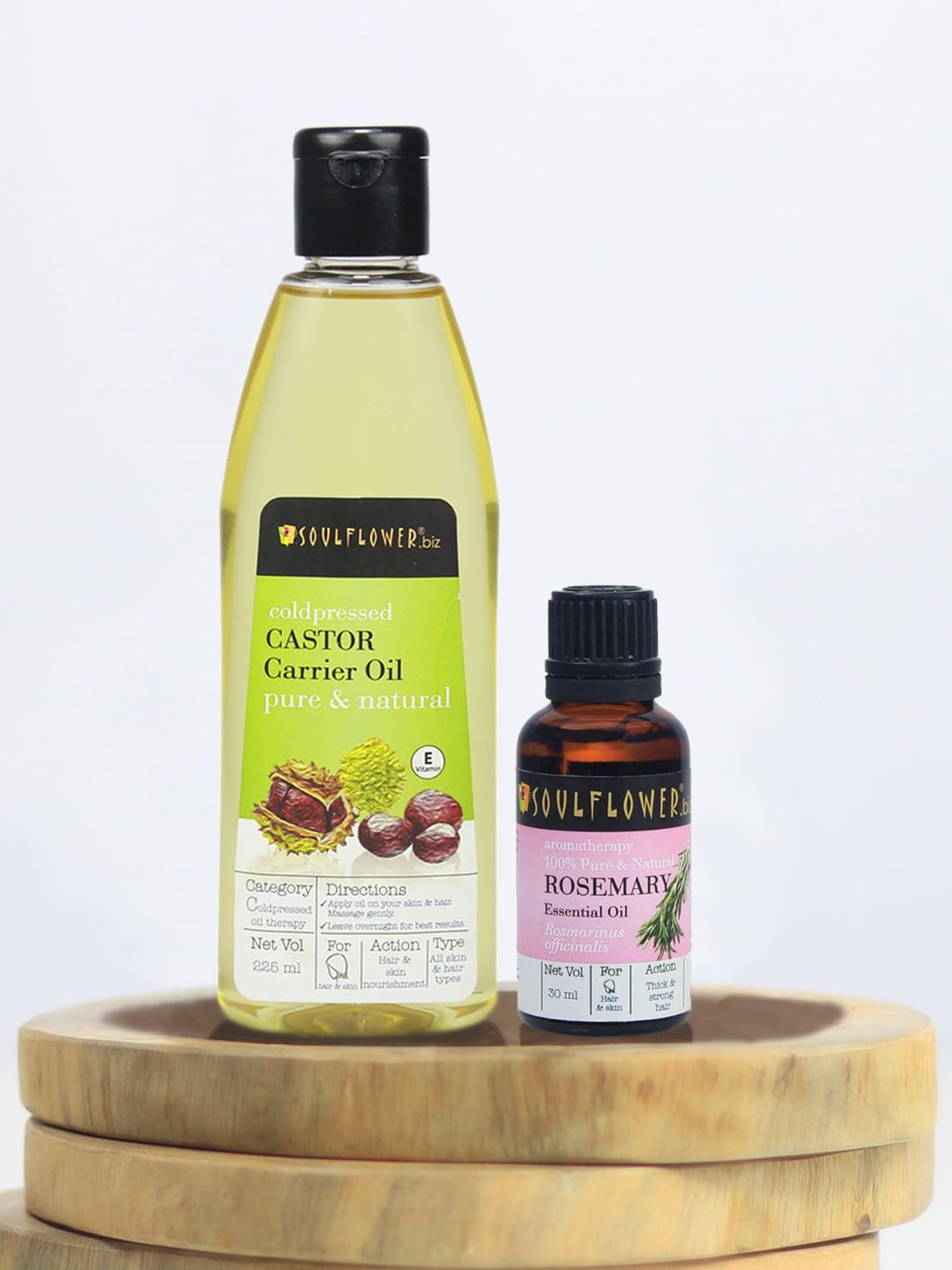 Soulflower Pack of 2 Castor Hair Oil & Rosemary Essential Oil For Skin & Hair