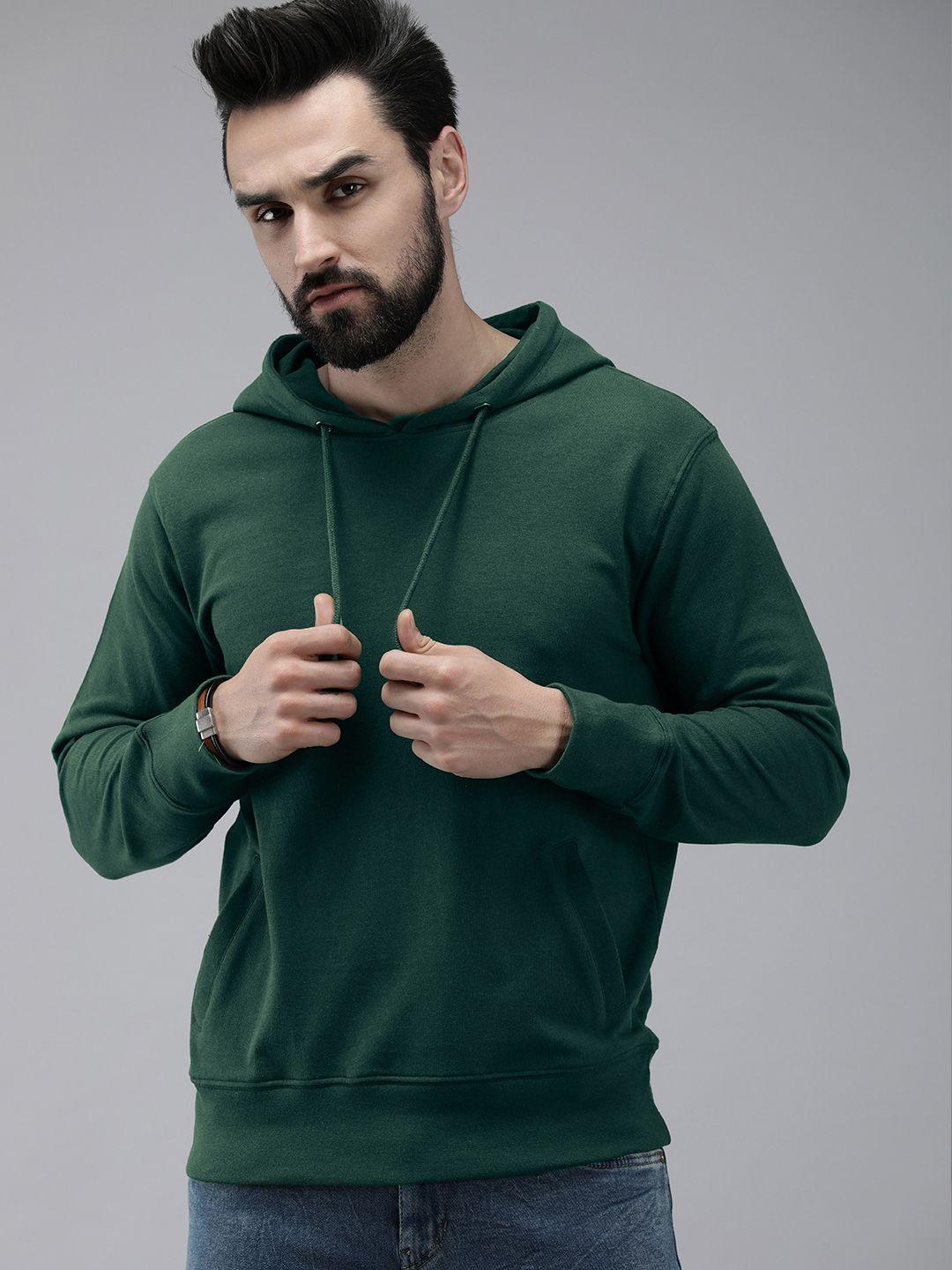 Roadster Men Teal Green Solid Hooded Sweatshirt