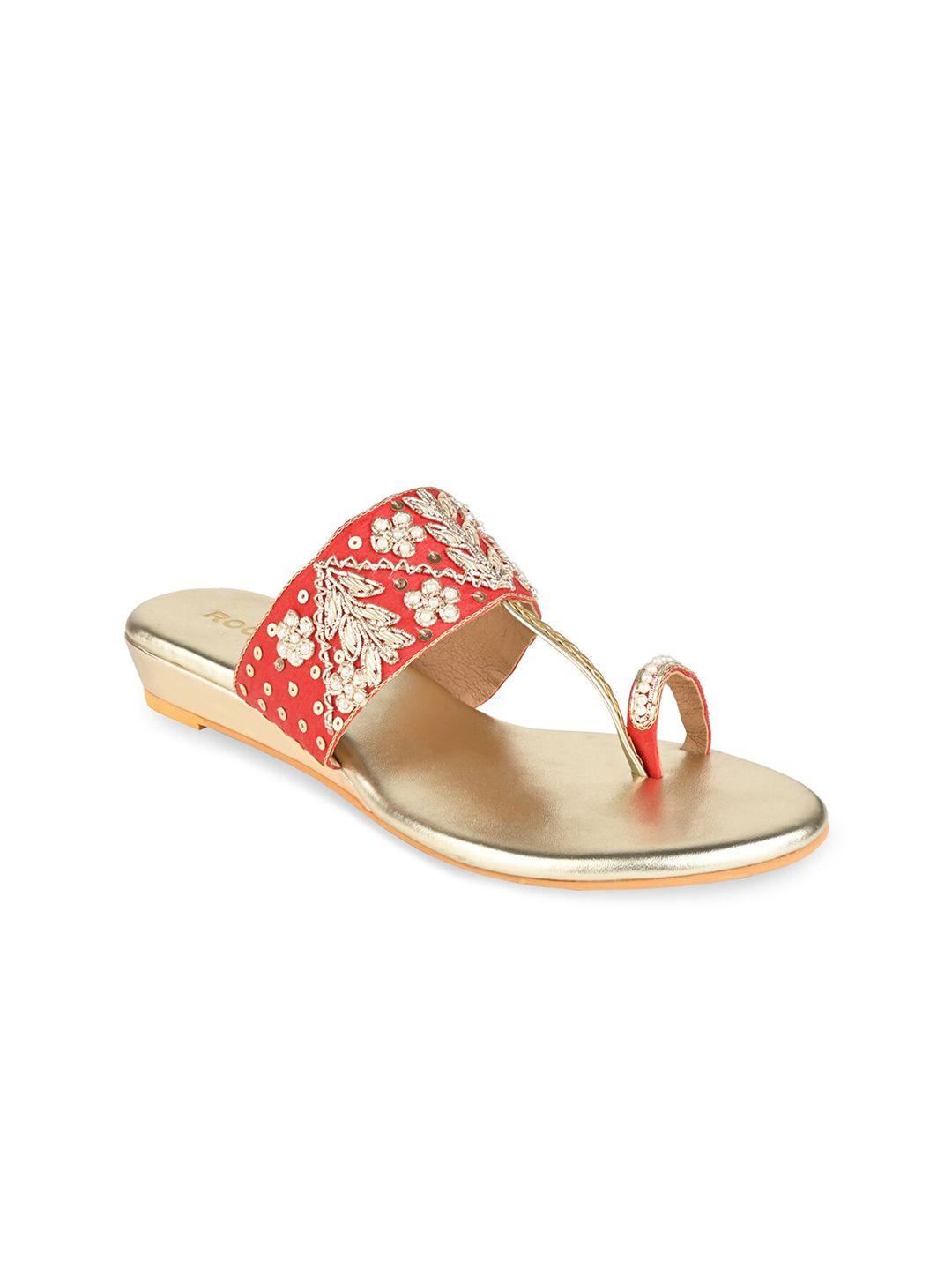 Rocia Women Red Embellished Ethnic T-Strap Flats