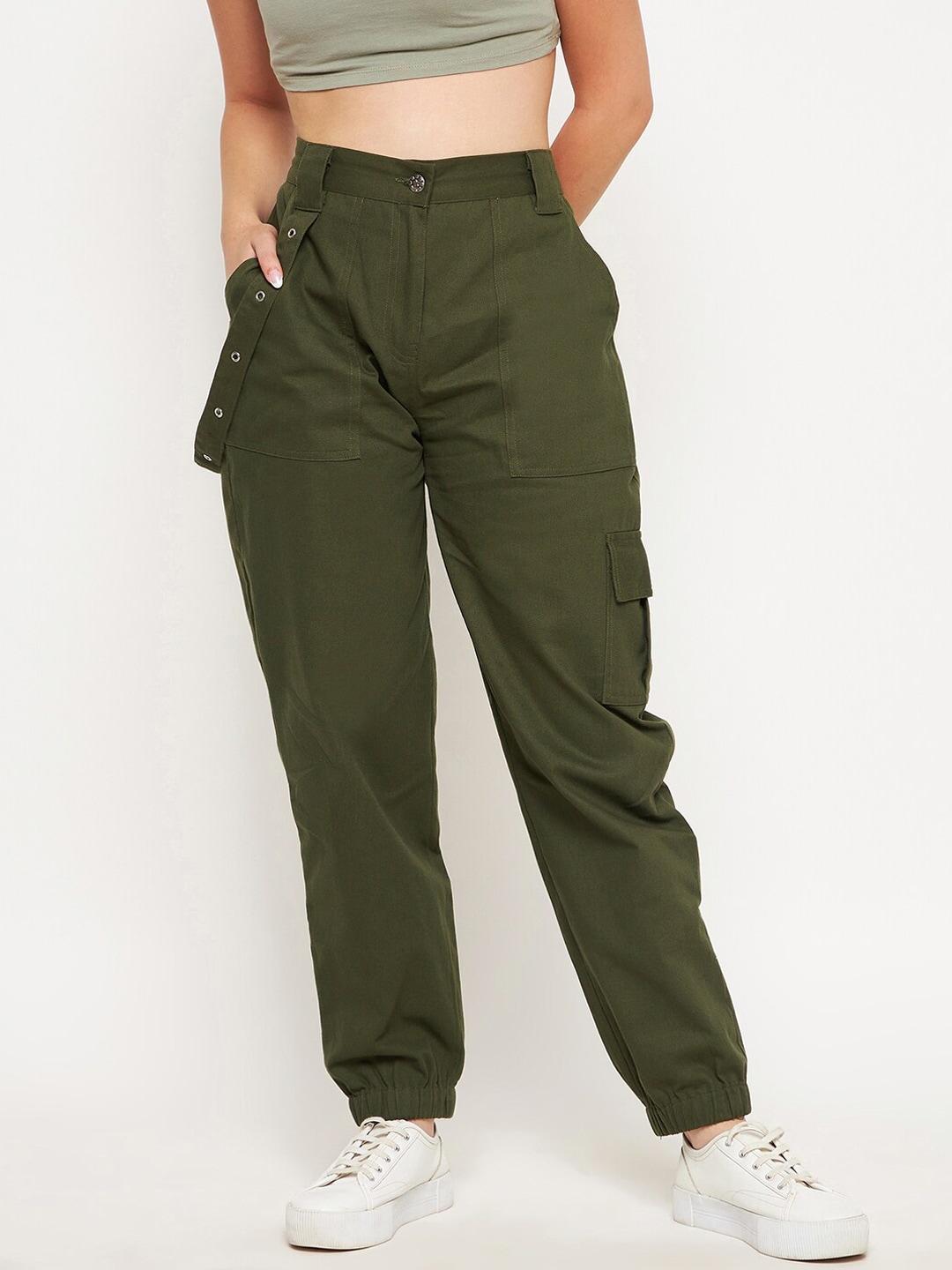 WineRed Women Olive Green Relaxed High-Rise Cotton Joggers
