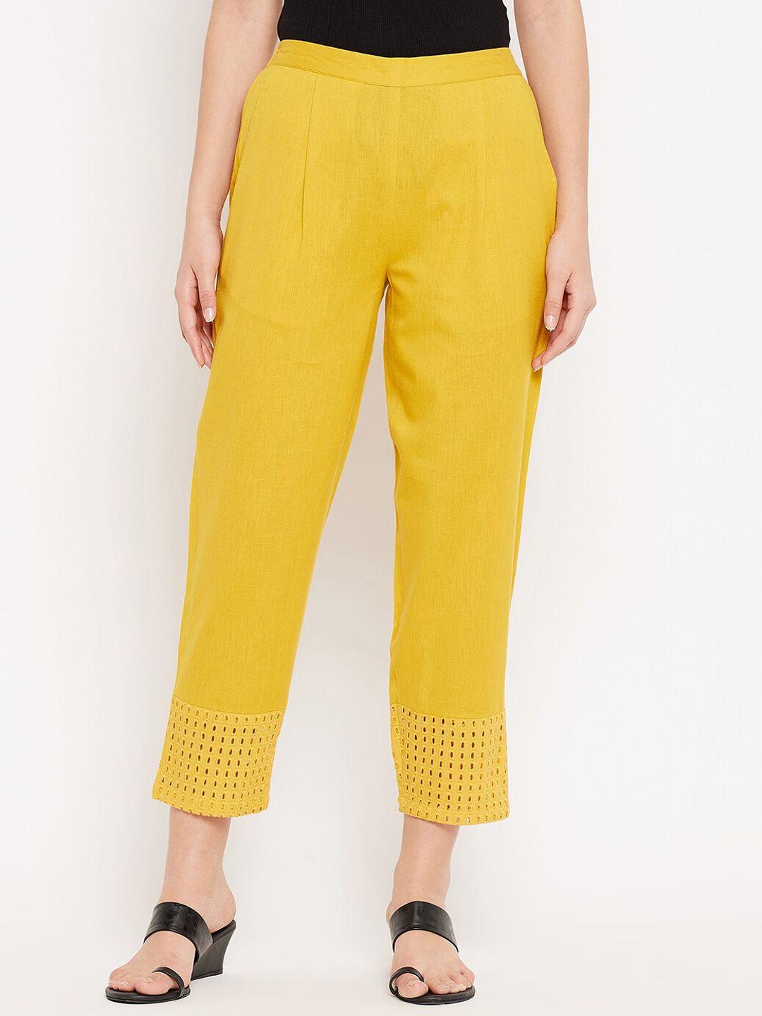 WineRed Women Yellow Comfort Easy Wash Pleated Cotton Trouser