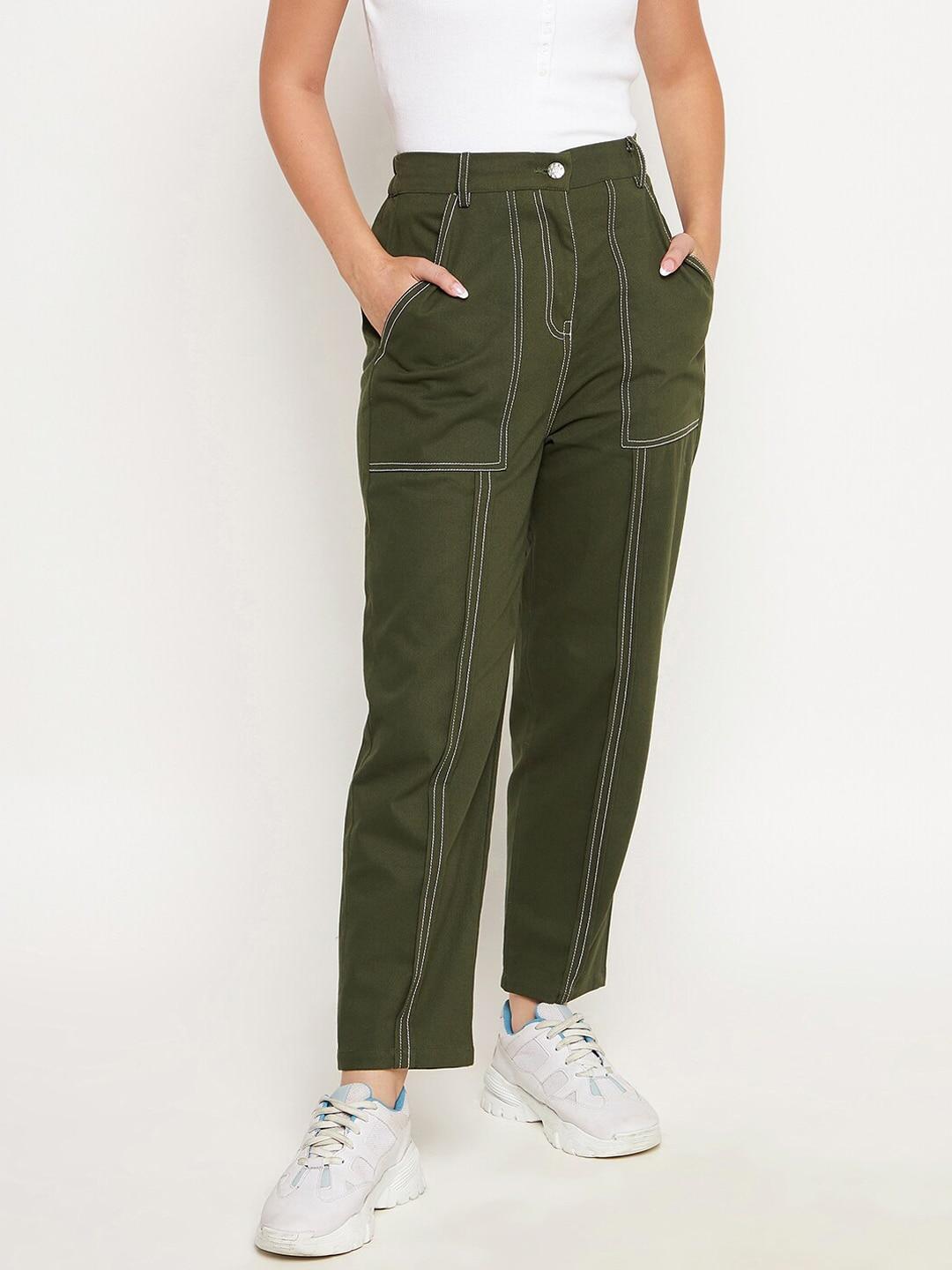 WineRed Women Olive Green Relaxed High-Rise Easy Wash Trouser