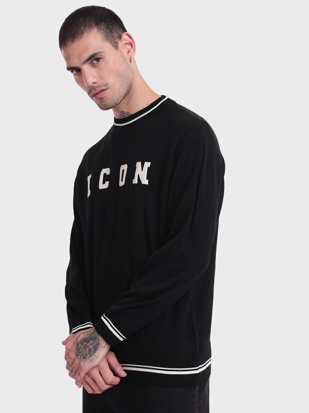 bewakoof-men-jet-black-icon-typography-oversized-sweater