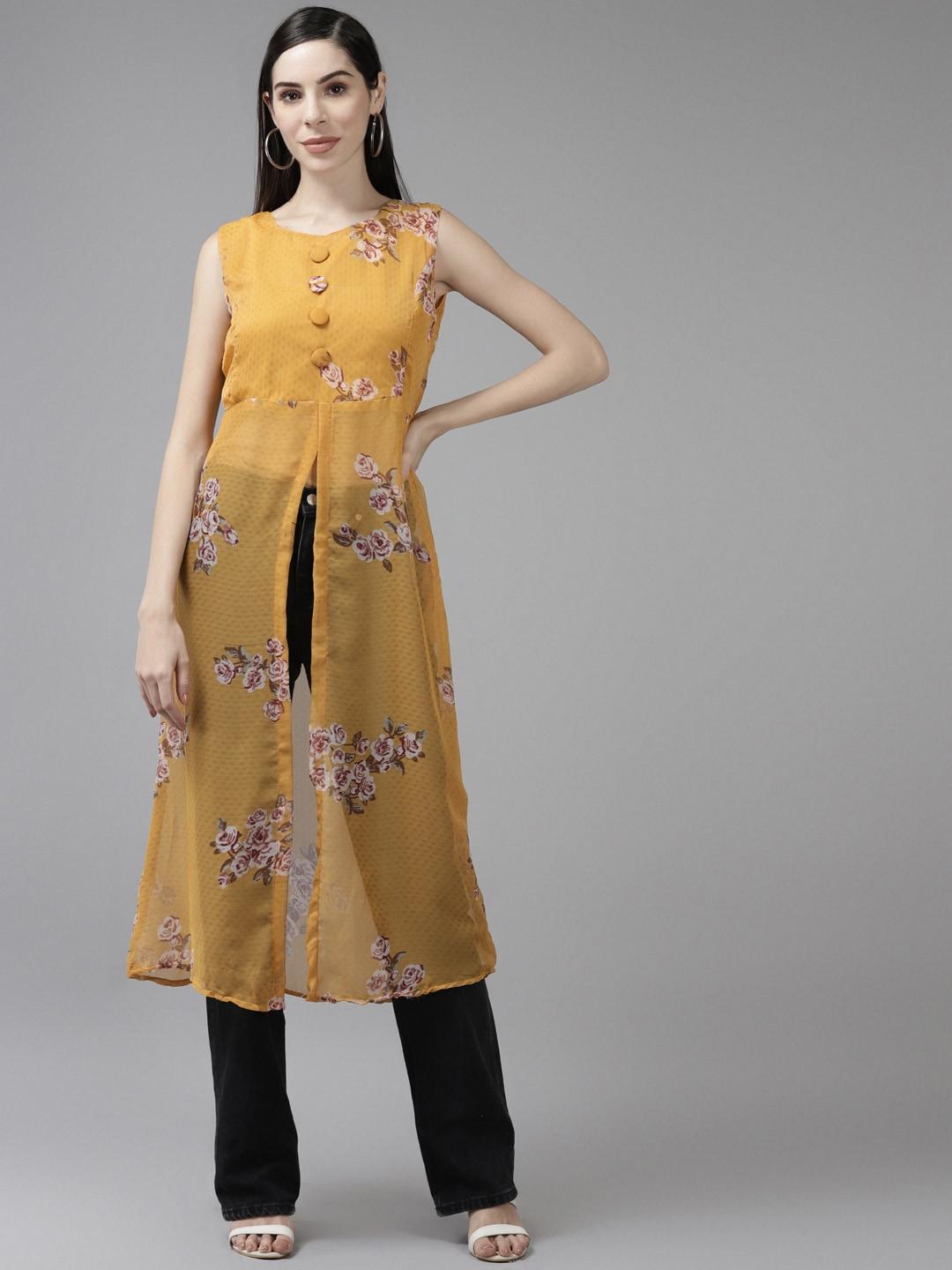 Aarika Women Gold-Toned Floral Printed Georgette Longline Top