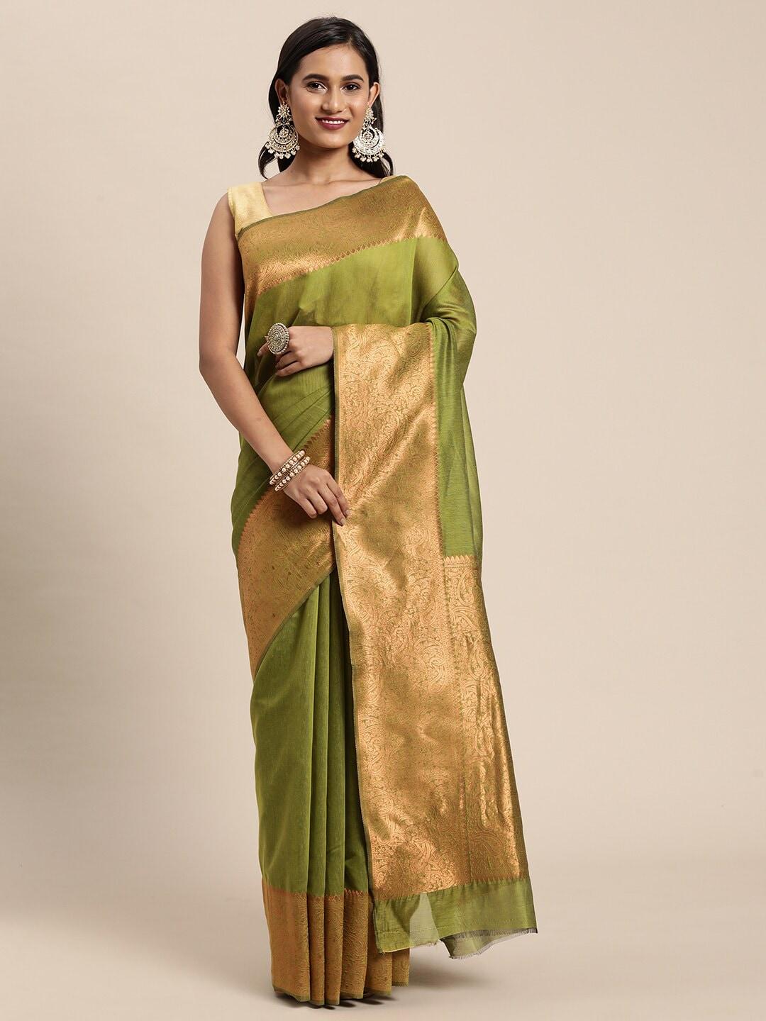 GAJARAI Green & Copper-Toned Woven Design Zari Silk Blend Banarasi Saree