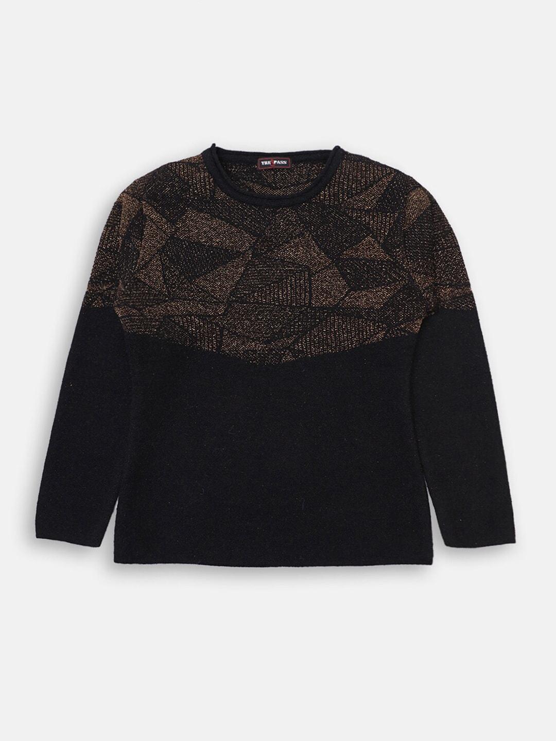 TRE&PASS Boys Black & Brown Printed Woolen Pullover
