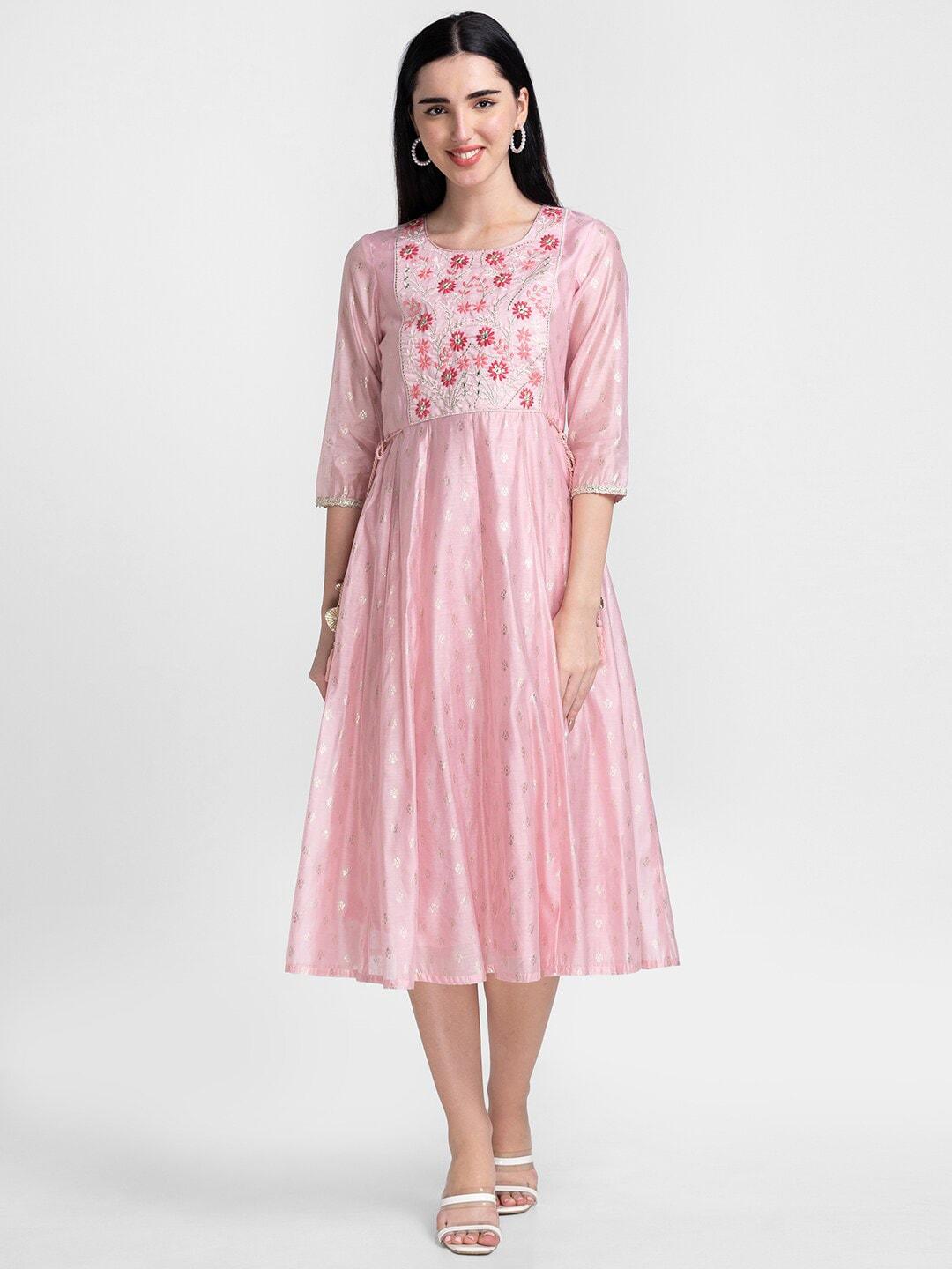 Globus Pink Floral Embroidered Ethnic A-Line Midi Dress