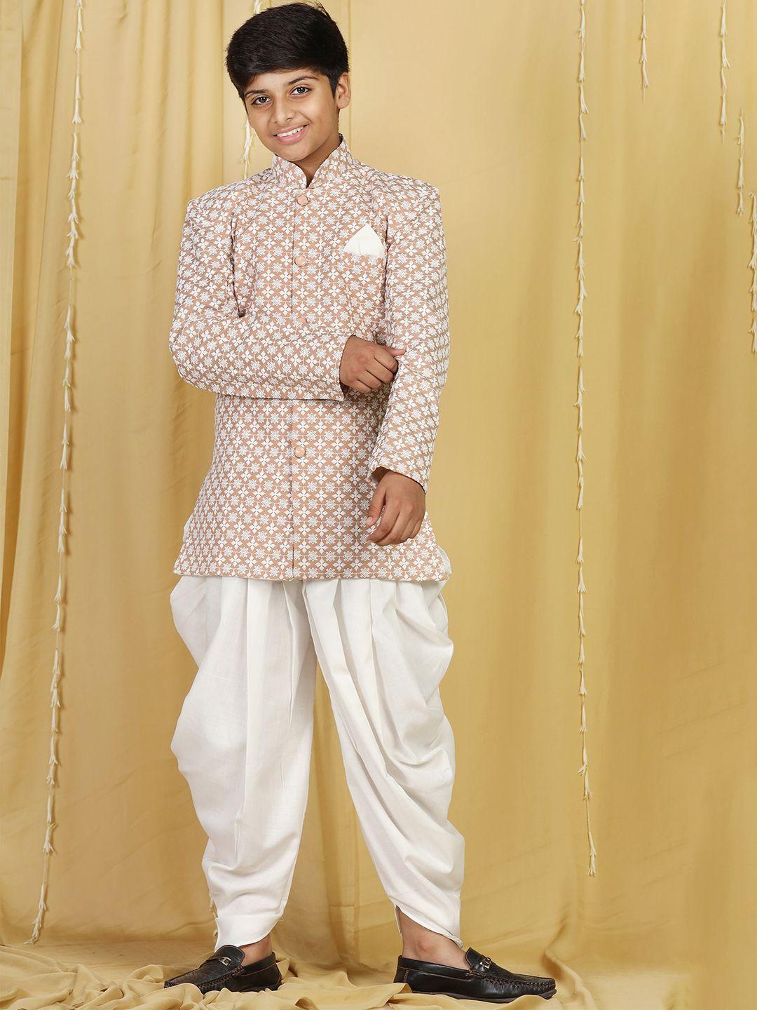 Aj DEZInES Boys Brown Embroidered Chikankari Cotton Sherwani With Dhoti Pants