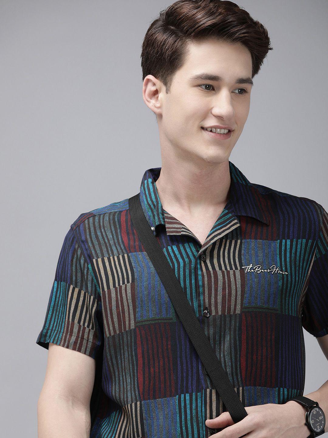 THE BEAR HOUSE Men Black and Blue Striped Slim Fit Party Shirt