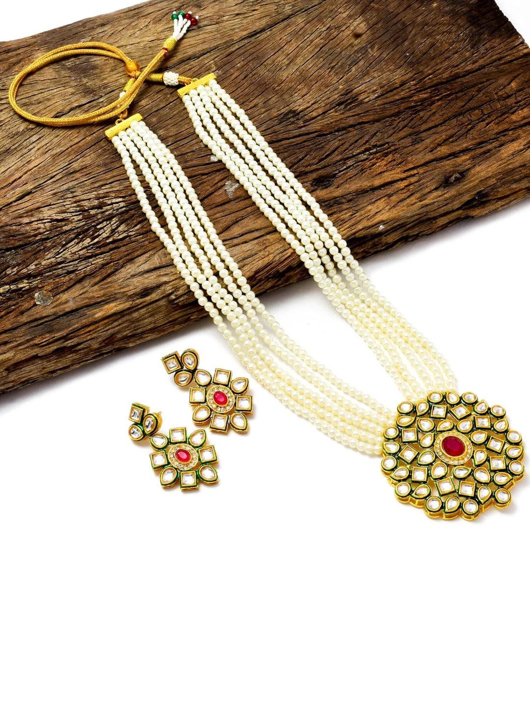 Jewar Mandi Gold-Plated White Kundan Studded Jewellery Set
