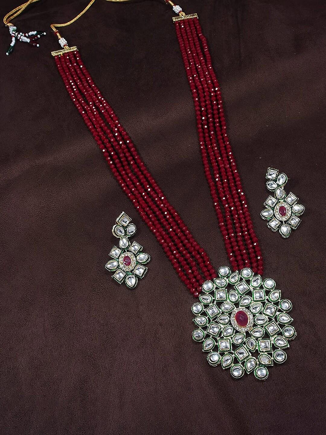 Jewar Mandi Gold-Plated Maroon & White Kundan Stone-Studded & Beaded Jewellery Set