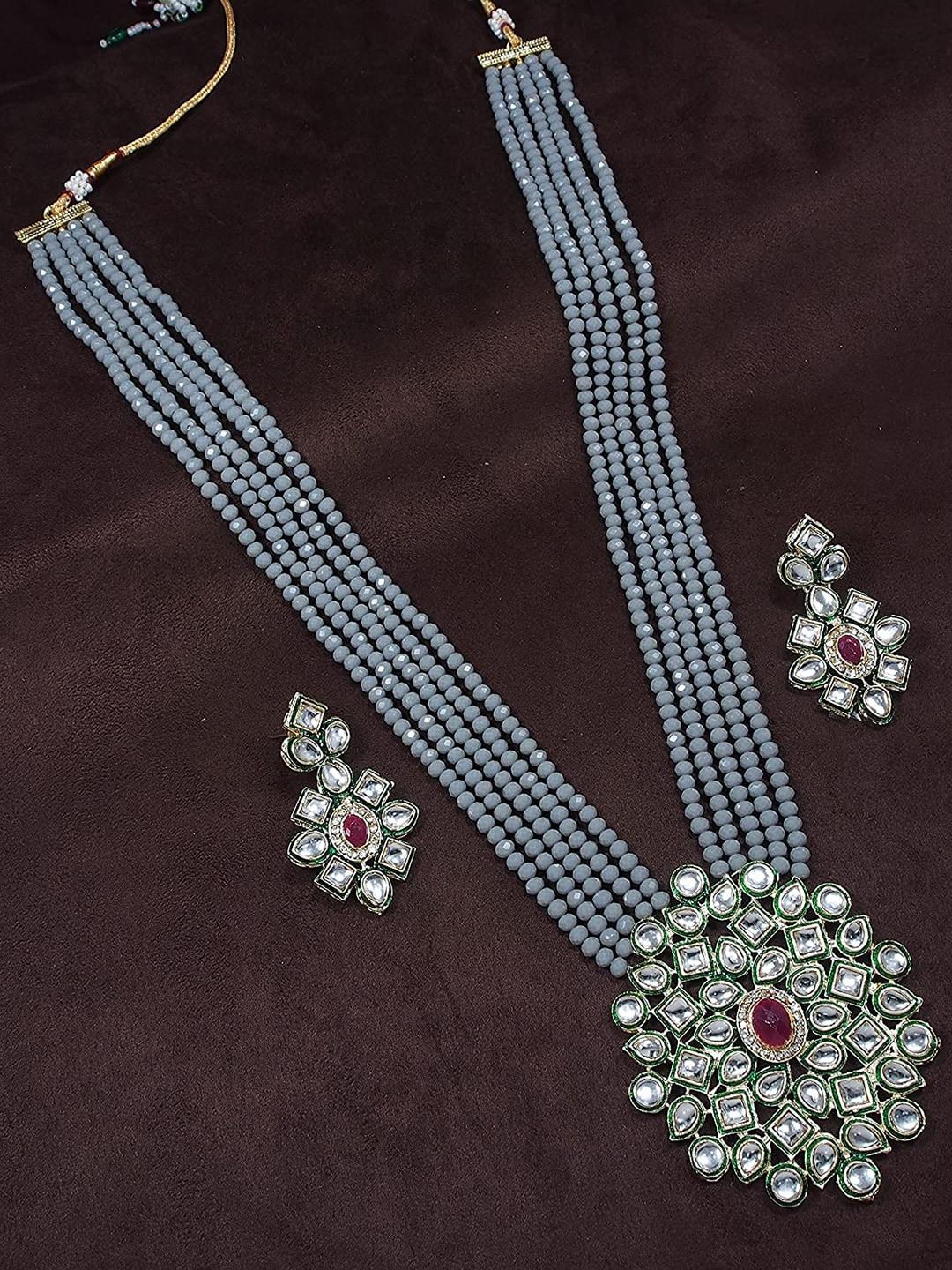 Jewar Gold-Plated Grey Beaded Kundan Studded Jewellery Set