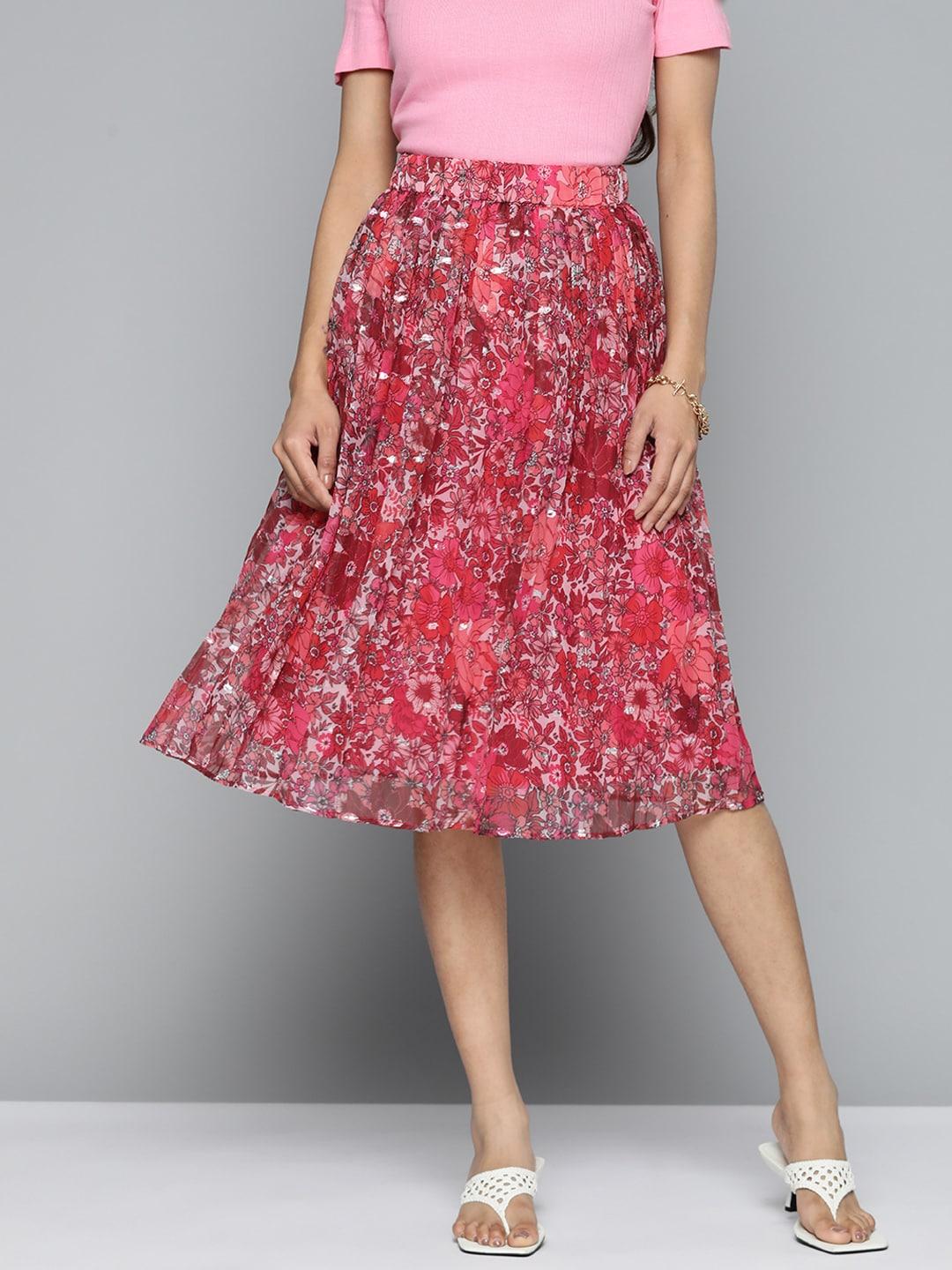 HERE&NOW Accordion Pleated Floral Print A-Line Skirt