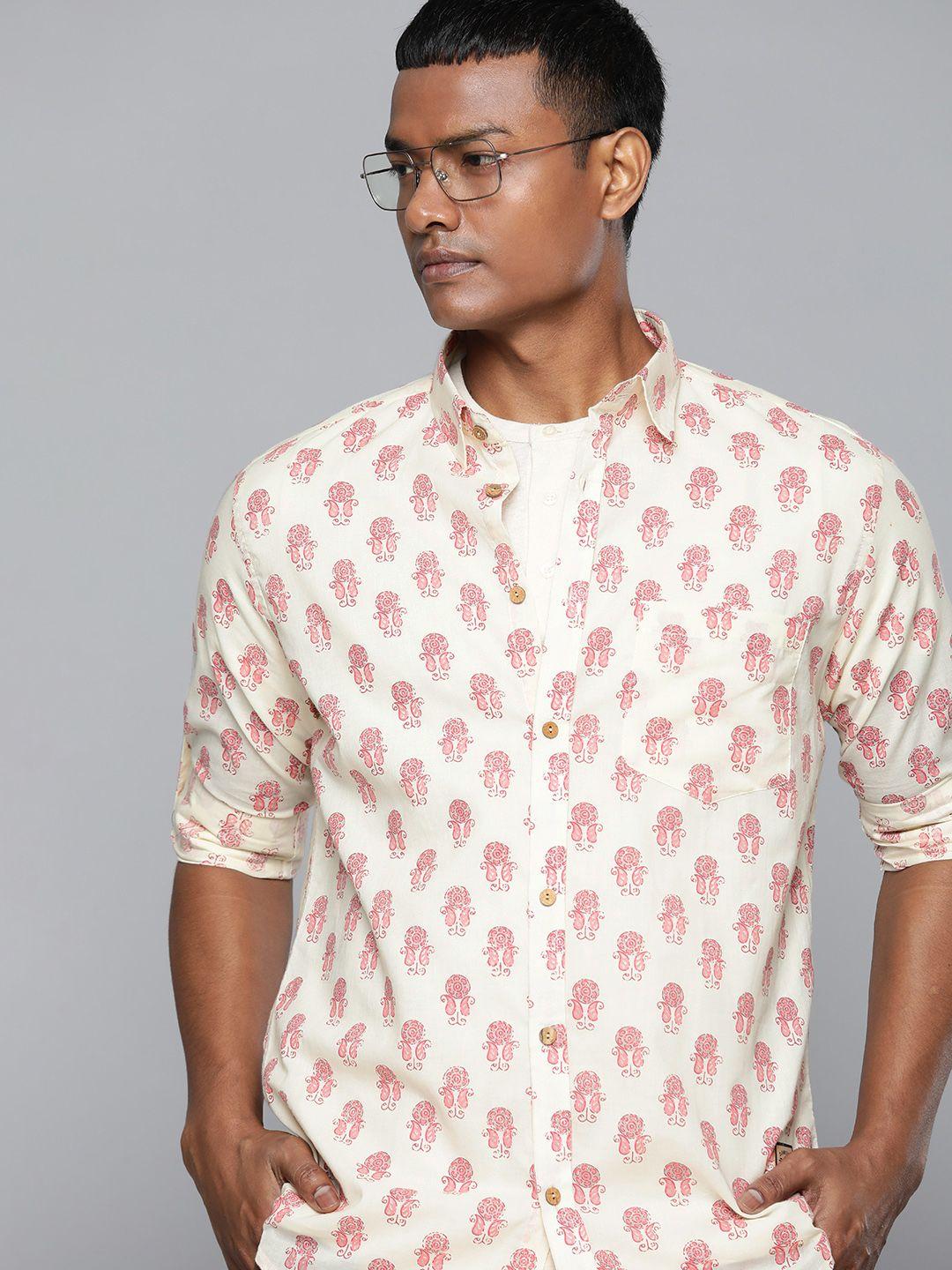 dennison-men-cream-coloured-regular-fit-printed-casual-shirt