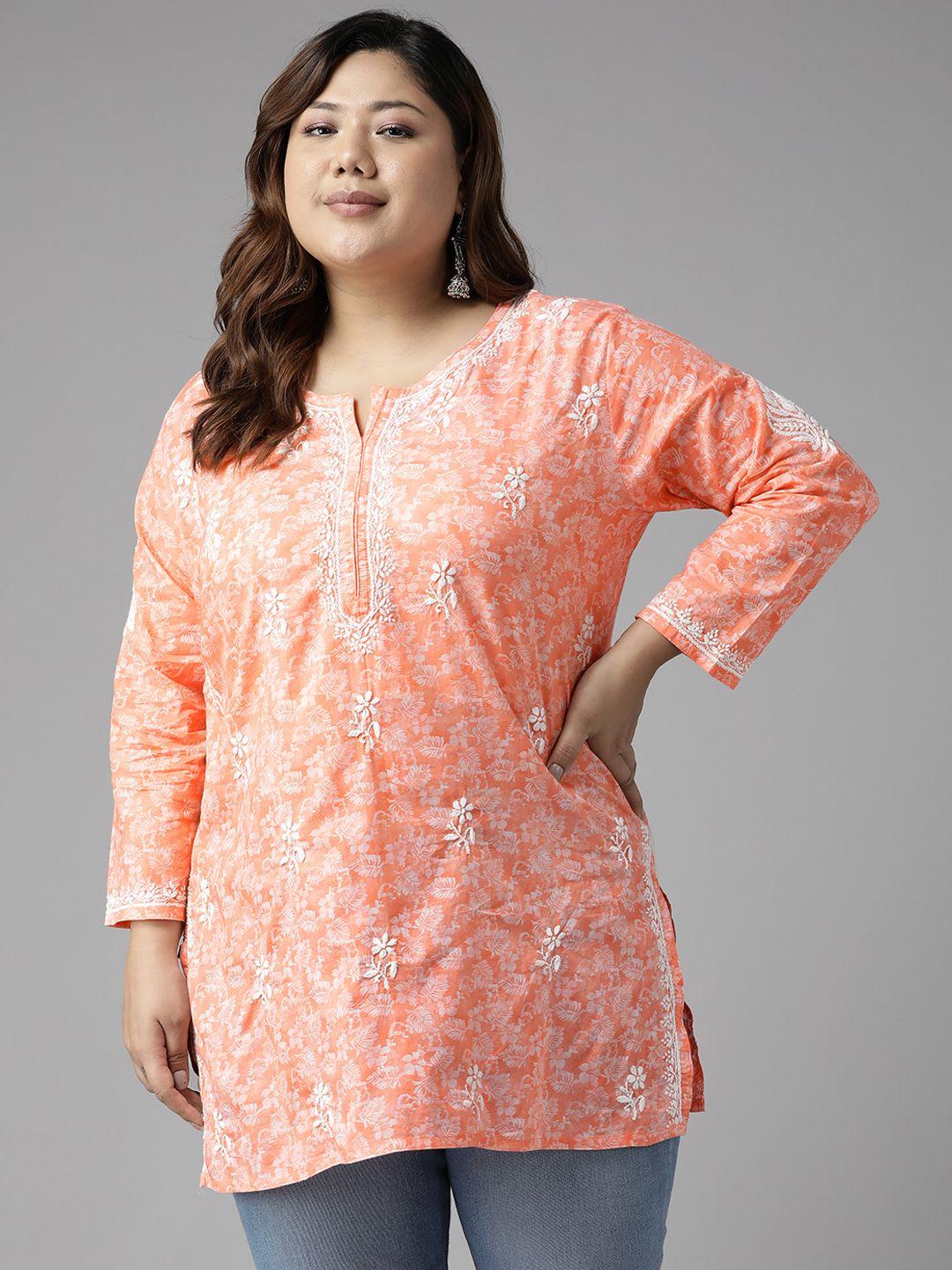 ADA Women Plus Size Peach-Coloured Floral Embroidered Chikankari Kurti