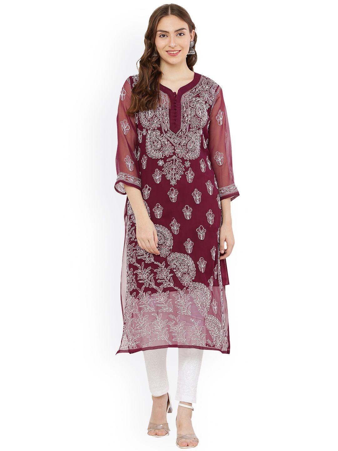 fawoment-women-burgundy-ethnic-motifs-embroidered-chikankari-straight-fit-georgette-kurta