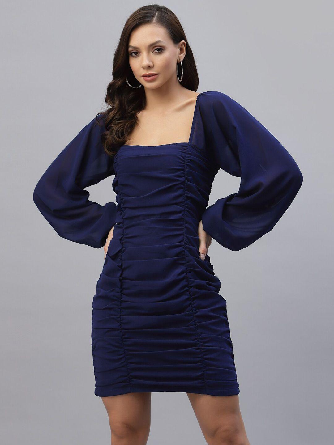 aayu-women-blue-georgette-smocked-bodycon-dress