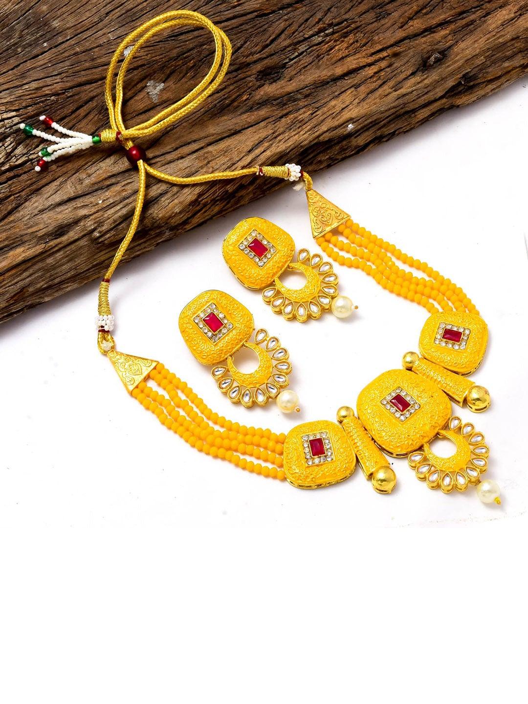 Jewar Mandi Gold-Plated Yellow & Red Kundan-Studded & Pearl Beaded Jewellery Set