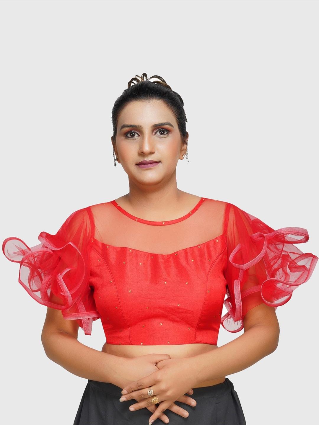 trendzmy-women-red-self-design-readymade-saree-blouse