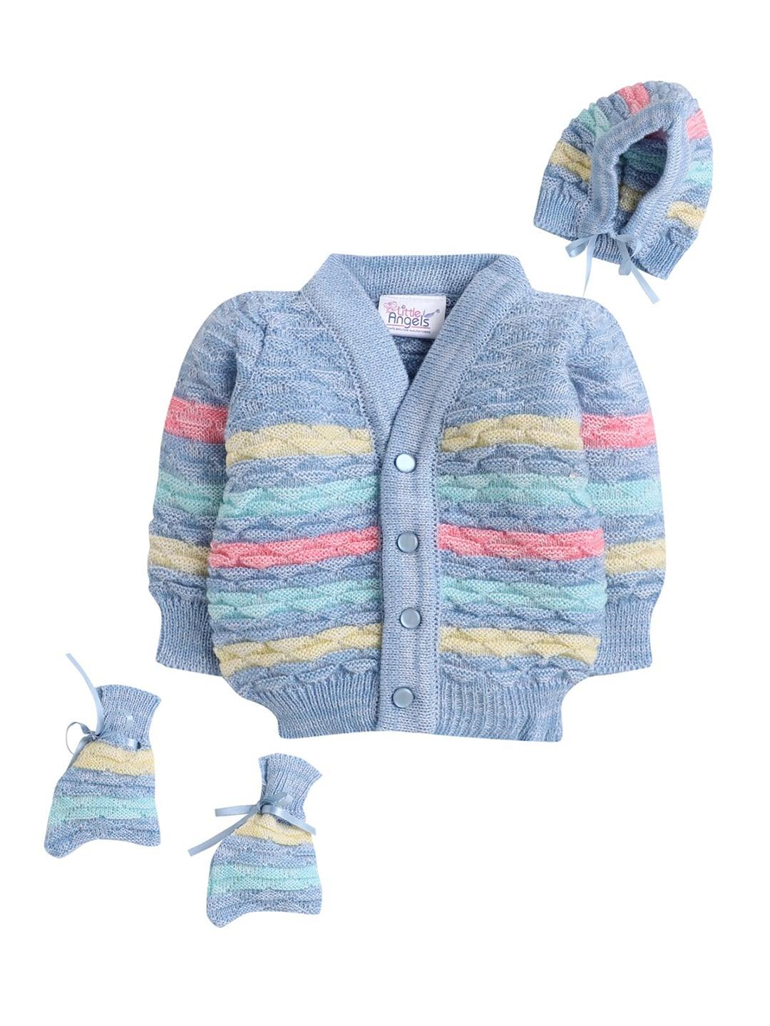 Little Angels Boys Blue & Pink Striped Striped Cardigan with Matching Cap And Socks