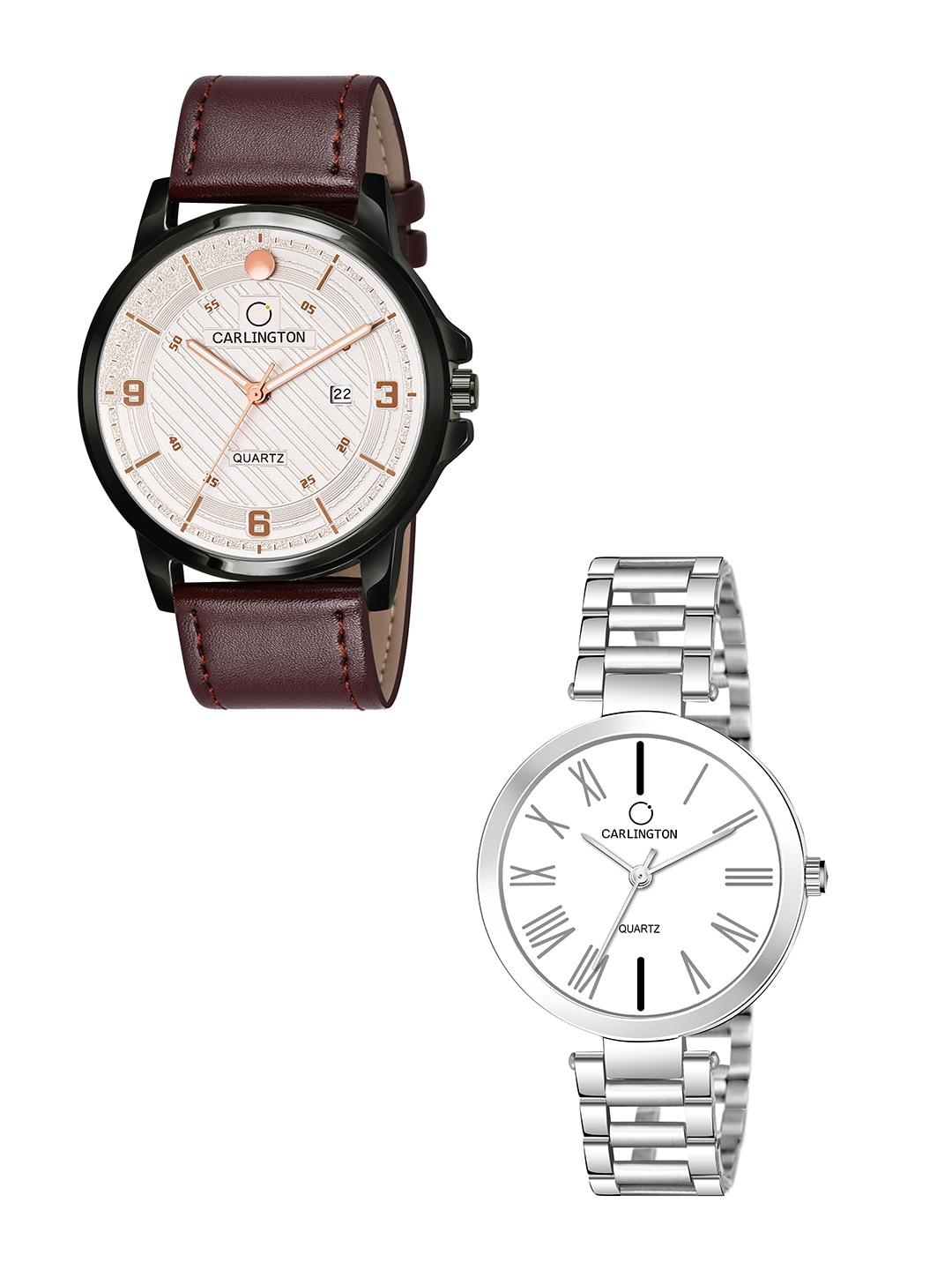 carlington-white-dial-&-brown-leather-straps-analogue-couple-watches---ct1050