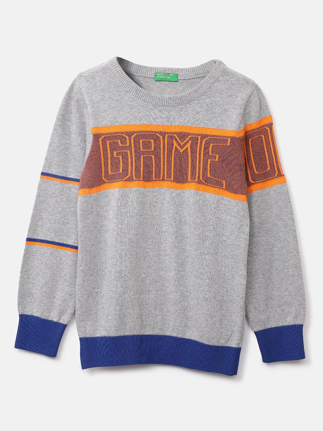 United Colors of Benetton Boys Grey & Orange Typography Printed Pullover