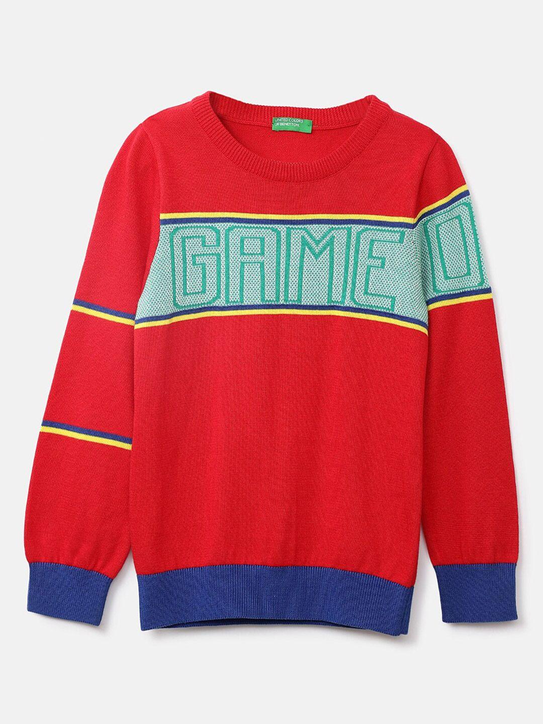 United Colors of Benetton Boys Red & Blue Typography Printed Pullover