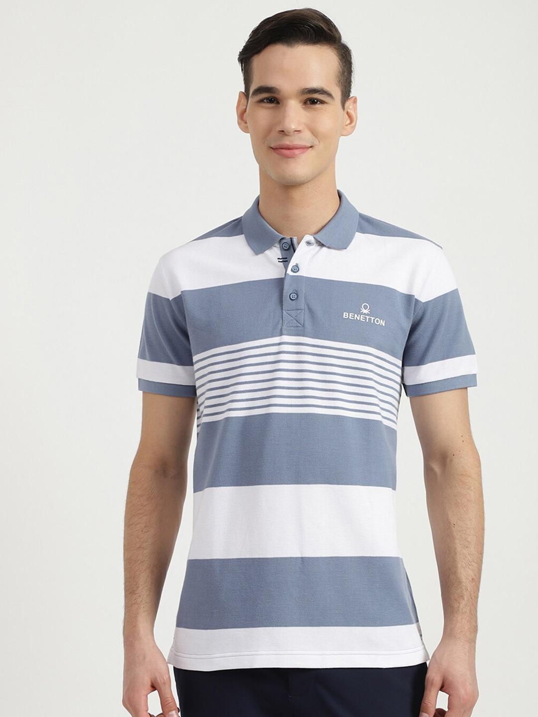 United Colors of Benetton Men Blue Striped Polo Collar Cotton T-shirt