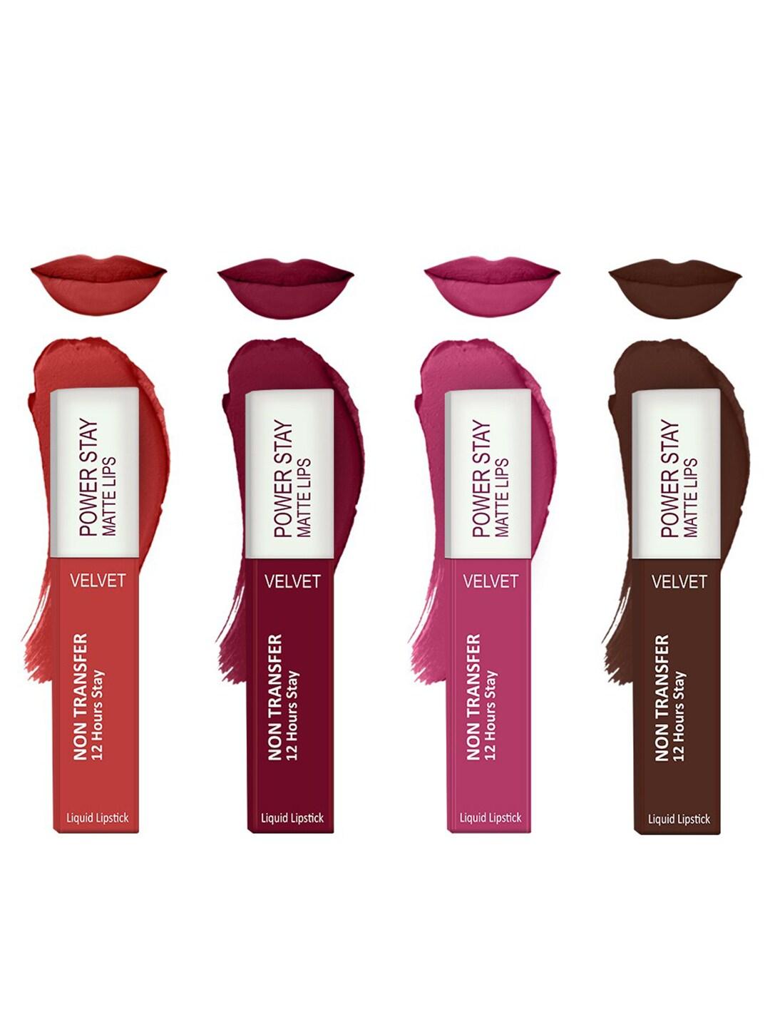 Forsure Set of 4 Power Stay Matte Lips Non-Transfer 12 Hours Stay Velvet Matte Liquid Lipstick - Bright Red 01 - Cherry Maroon 09 - Pink Blush 10 - Deep Brown 16