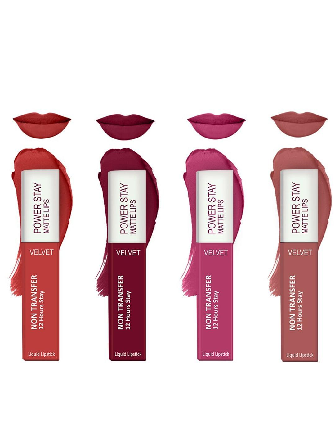 Forsure Set of 4 Power Stay Matte Lips Non-Transfer 12 Hours Stay Velvet Matte Liquid Lipstick - Bright Red 01 - Cherry Maroon 09 - Pink Blush 10 - Peach Nude 21