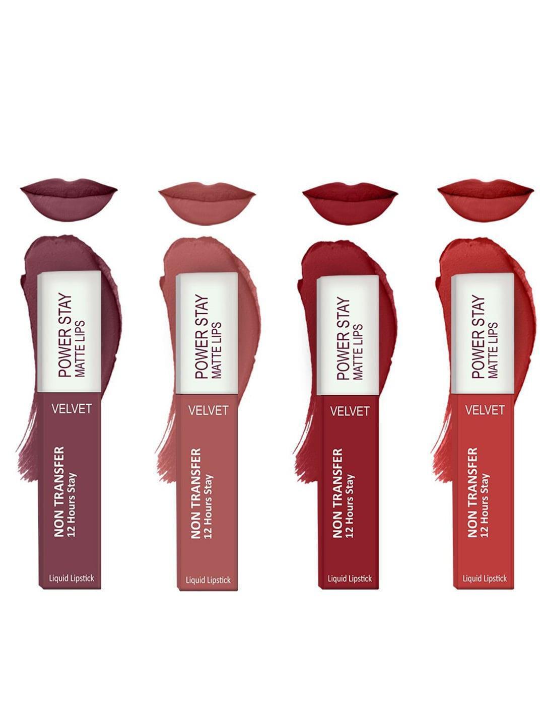 Forsure Set of 4 Power Stay Matte Lips Non-Transfer 12 Hours Stay Velvet Matte Liquid Lipstick - Mauve Matte 23- Peach Nude 21 - Deep Red 22- Bright Red 01
