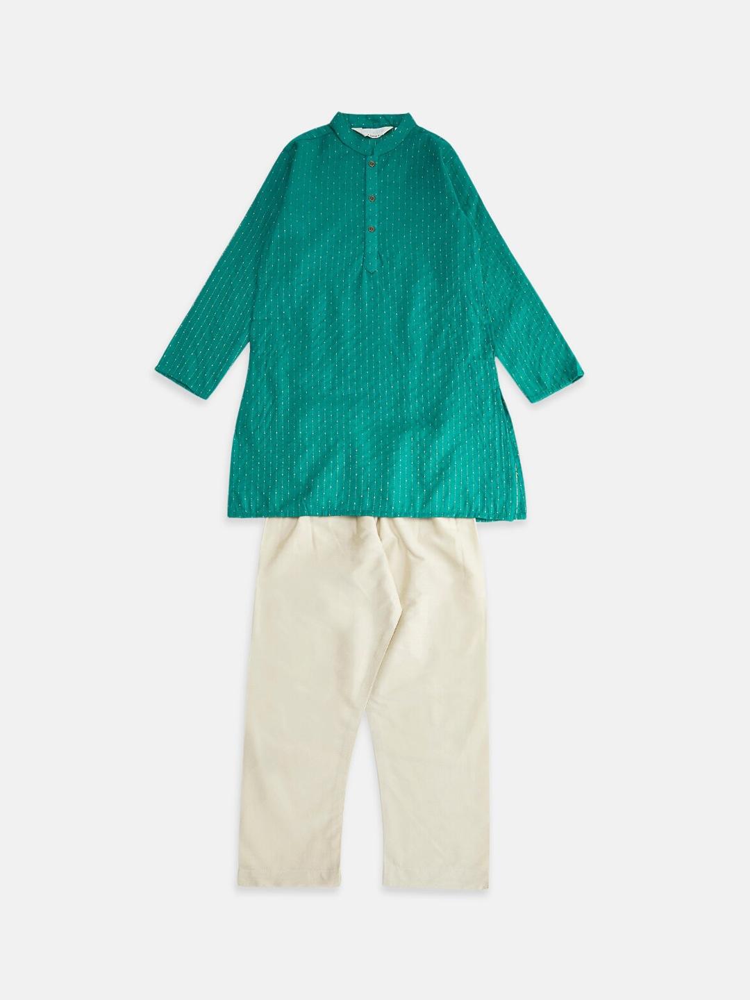 indus route by Pantaloons Boys Teal Green & White Striped Kurta with Pyjama