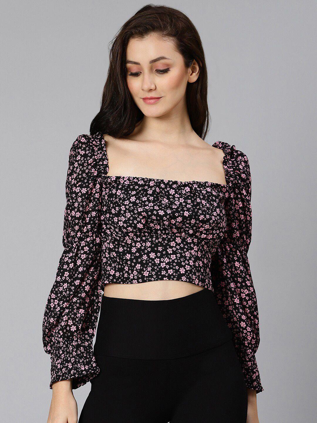 oxolloxo-women-black-&-pink-floral-printed-smocked-crop-top