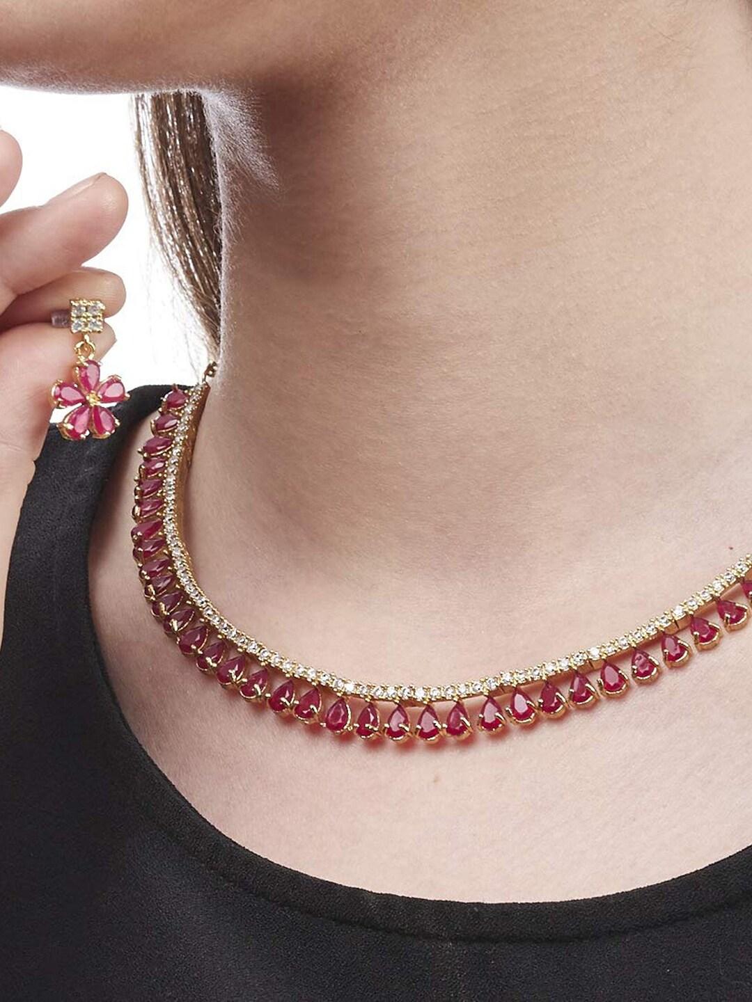 Jewar Mandi Gold-Toned & Pink CZ Stone-Studded Jewellery Set