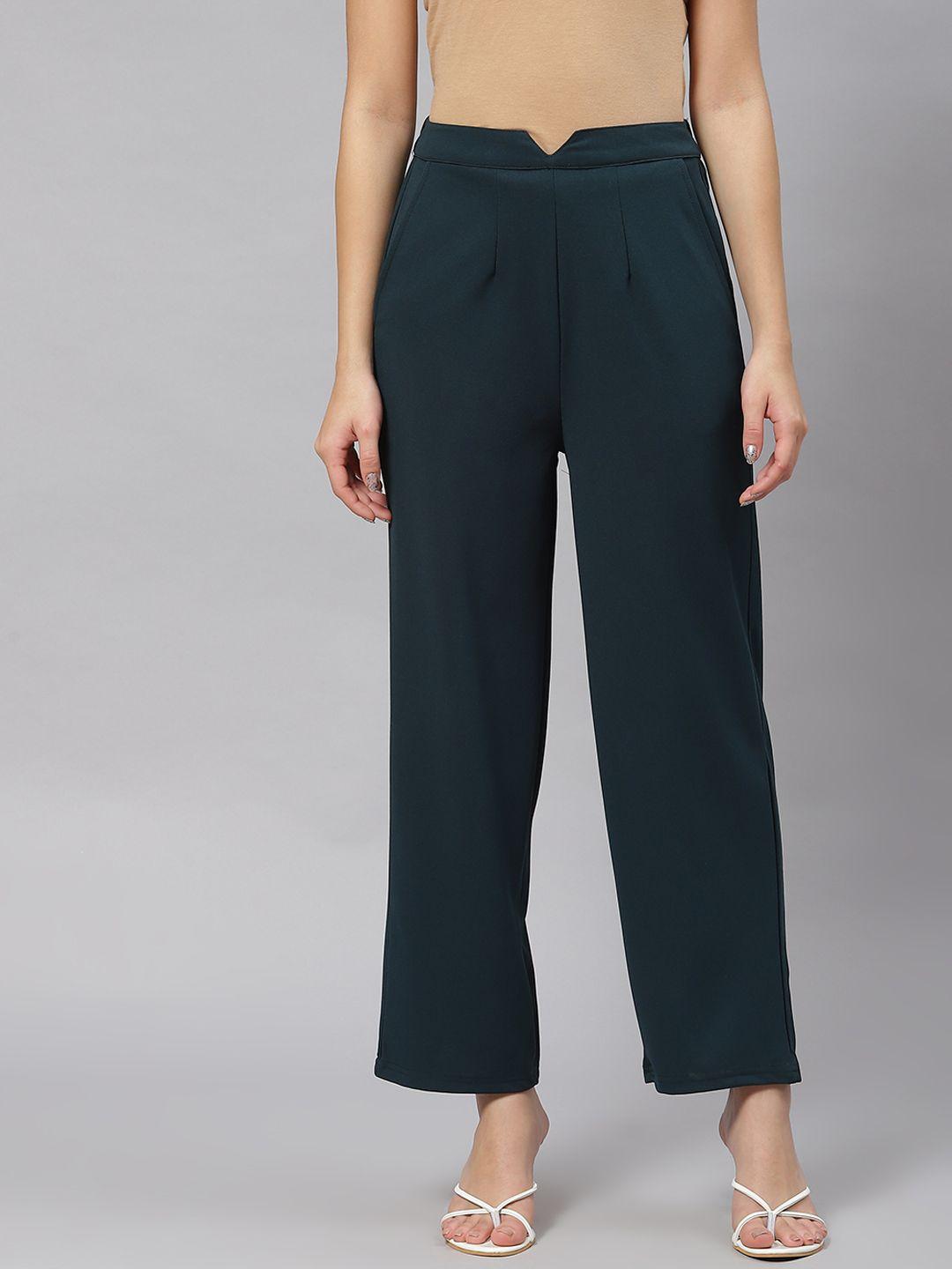 plusS Women Green Solid Mid-Rise Regular Fit Trousers