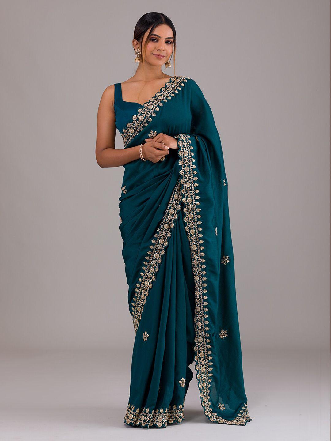 koskii-blue-&-gold-toned-floral-sequinned-art-silk-saree