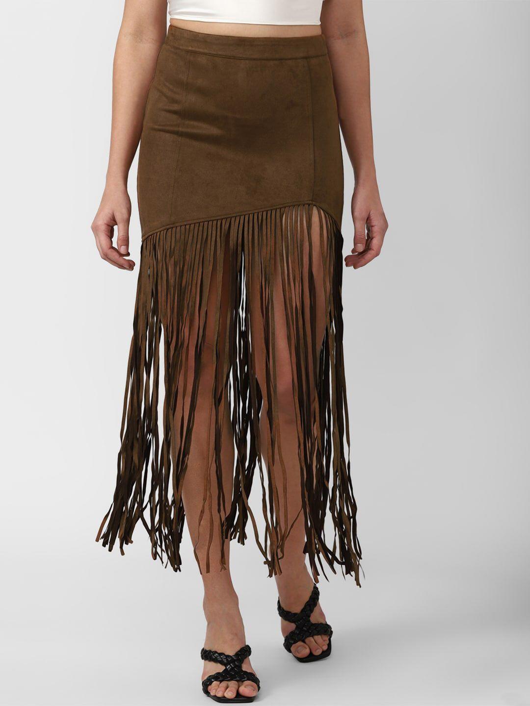 FOREVER 21 Women Brown Fringed Maxi Flared Skirts