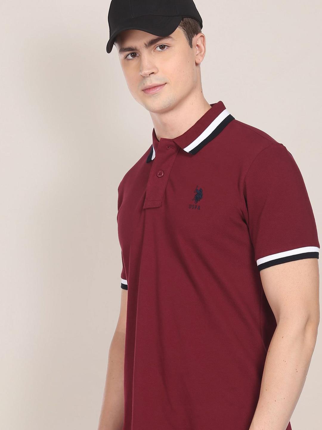 U S Polo Assn Men Red Pure Cotton Heritage Tipped Polo Collar T-shirt