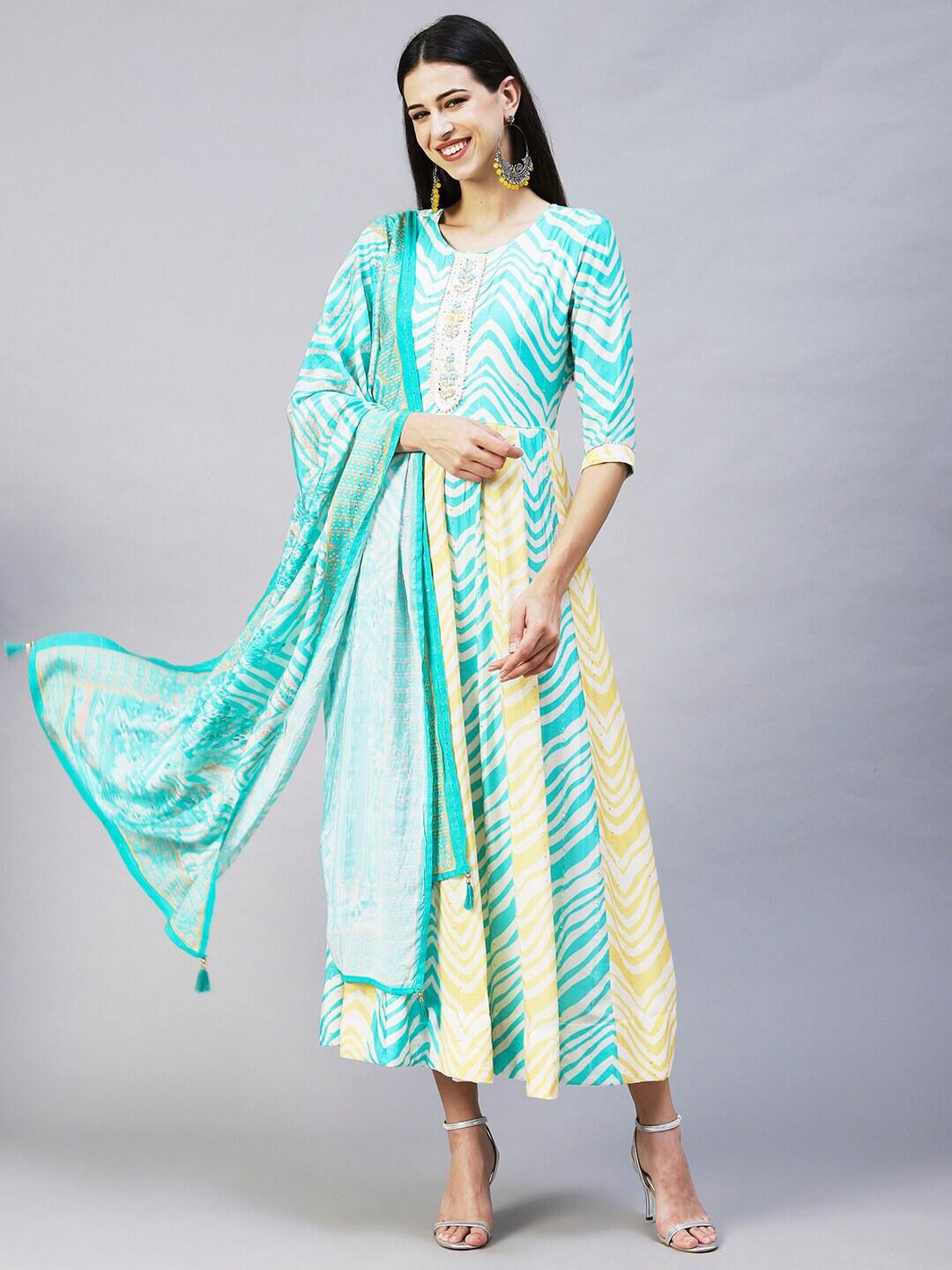 FASHOR Women Turquoise Blue & Yellow Maxi Dress