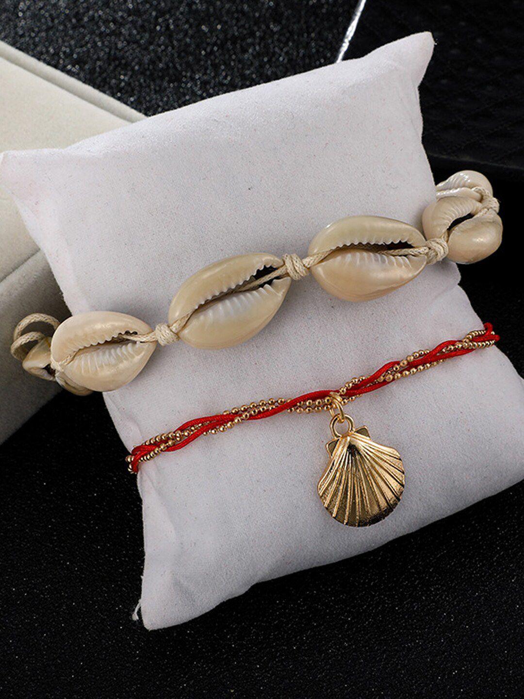 young-&-forever-women-set-of-2-white-&-gold-plated-faux-shell-charm-anklets
