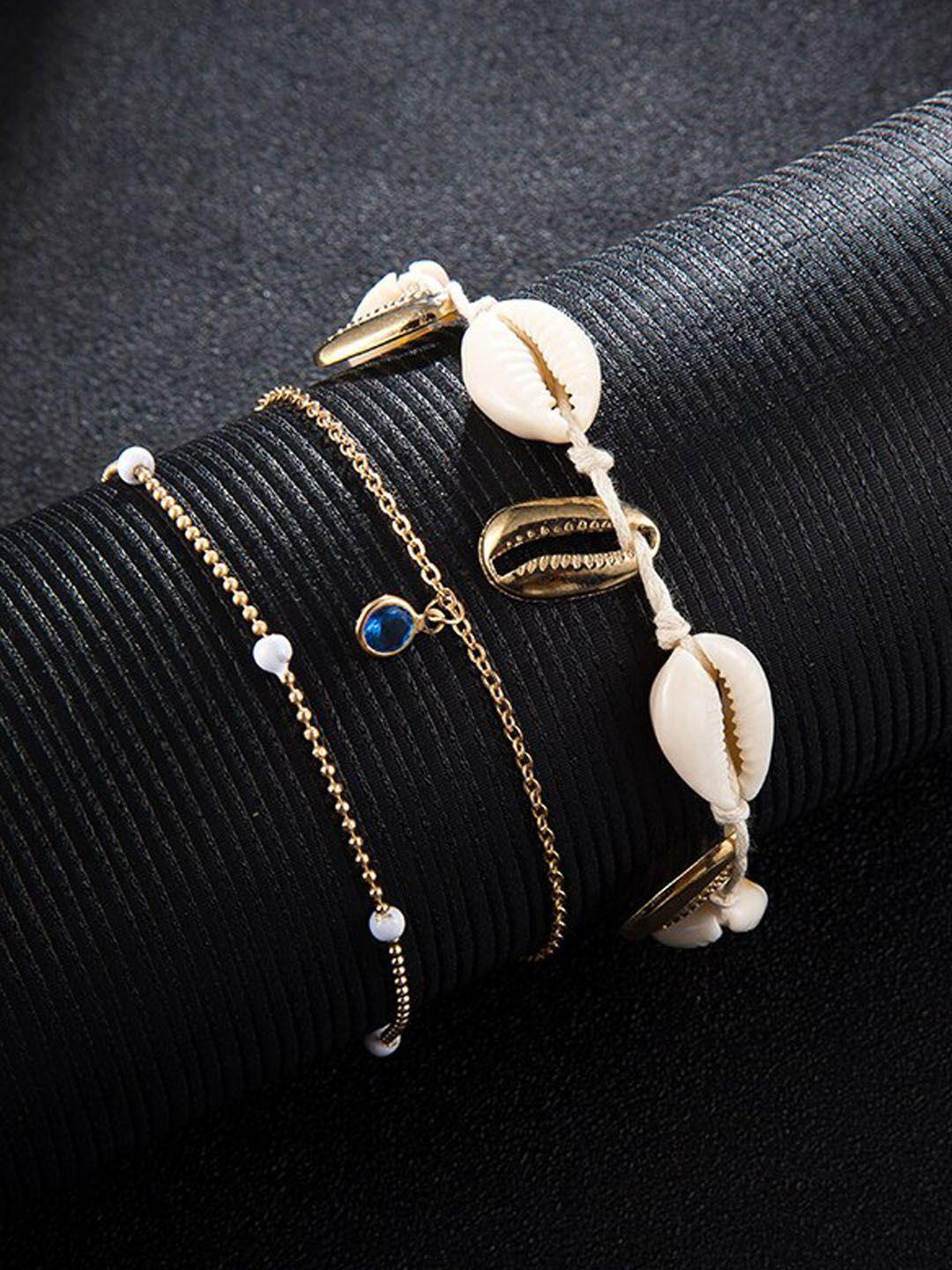 young-&-forever-set-of-3-blue-&-white-crystal-studded-gold-plated-shell-charm-anklets