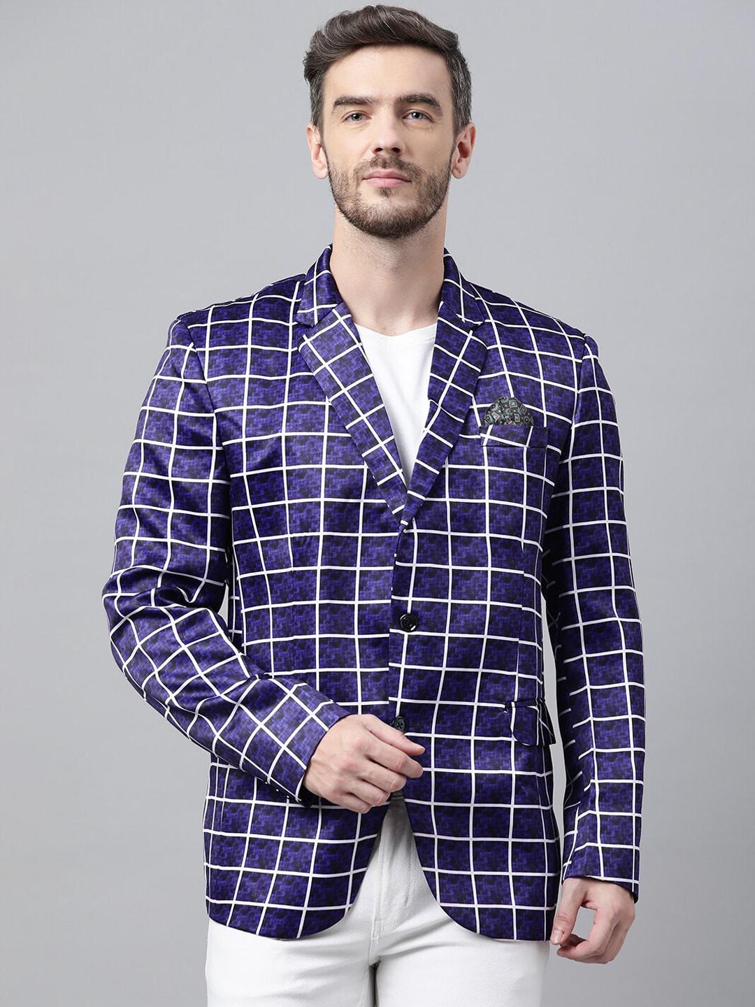 Hangup Men Blue & White Checked Single-Breasted Casual Blazer