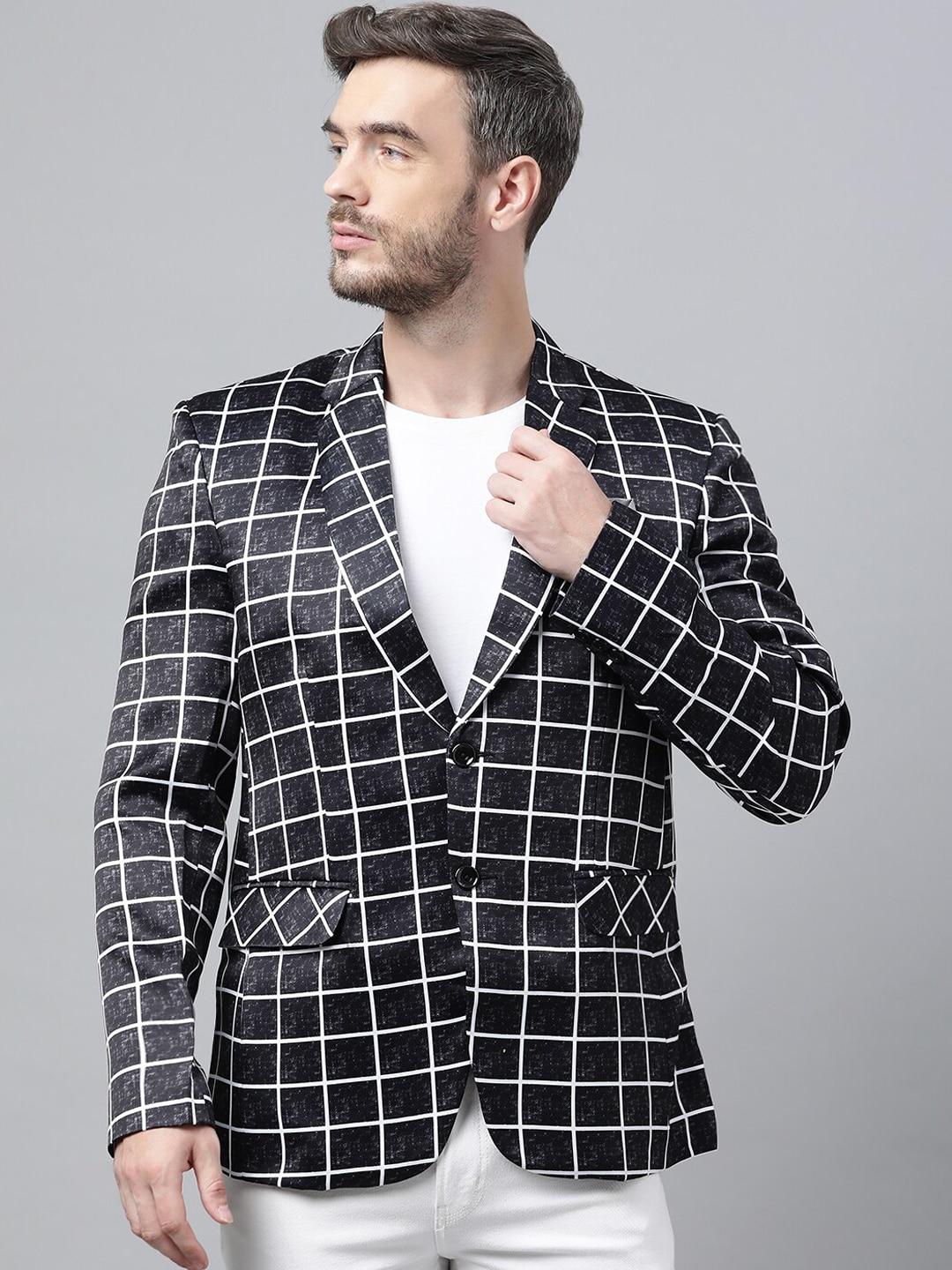 Hangup Men Black & White Checked Printed Single-Breasted Formal Blazers