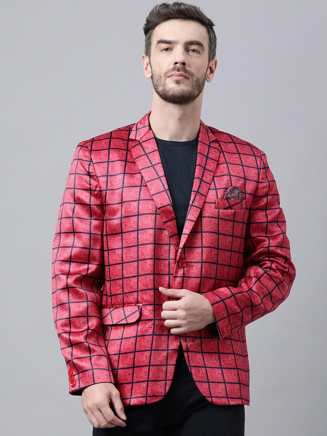 Hangup Men Red & Black Checked Printed Single-Breasted Blazers
