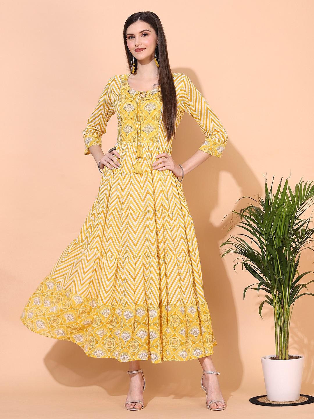 FASHOR Women Yellow Ethnic Printed Maxi Dress