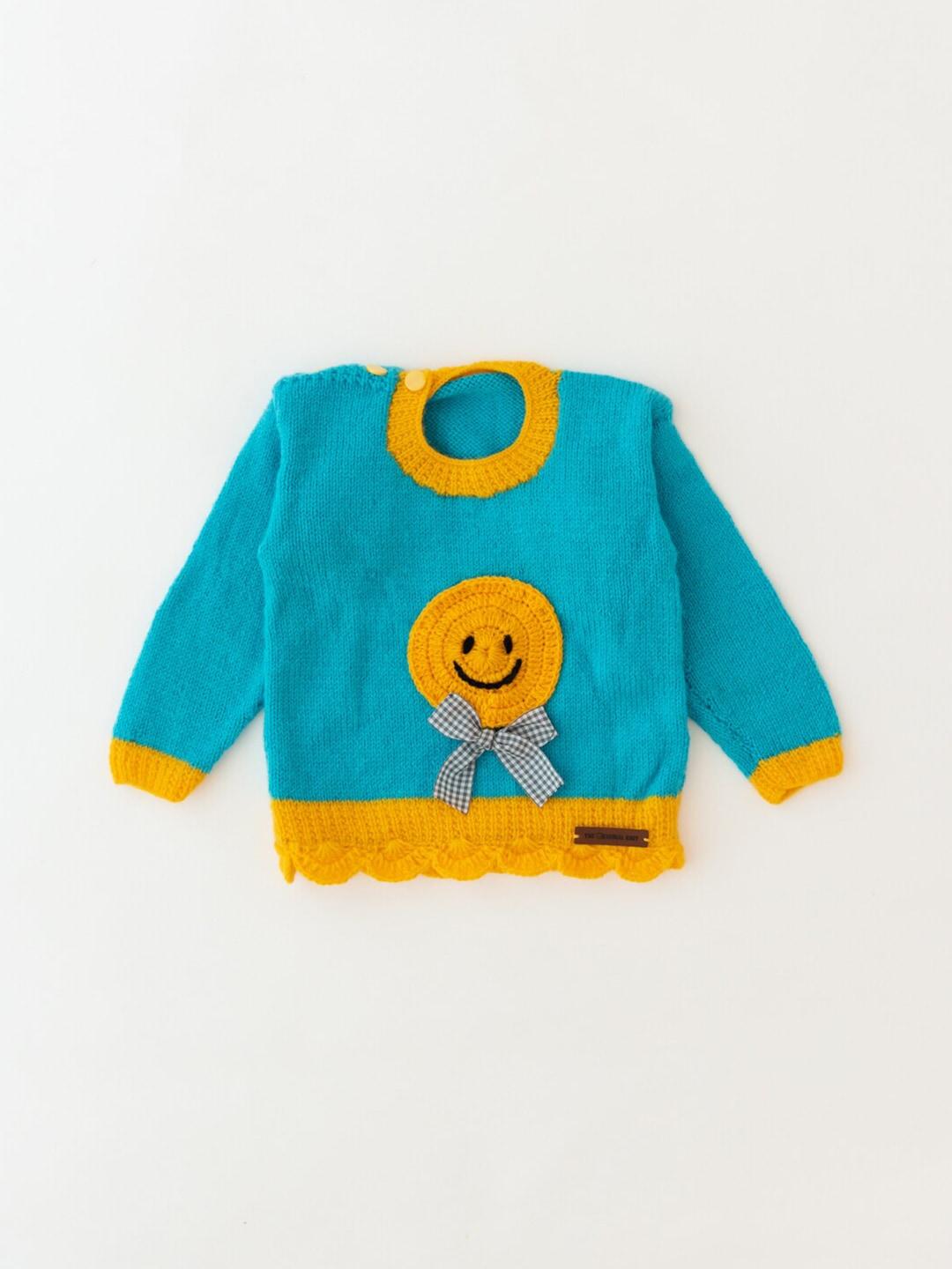 The Original Knit Infants Kids Blue & Yellow Embellished Pullover Sweater