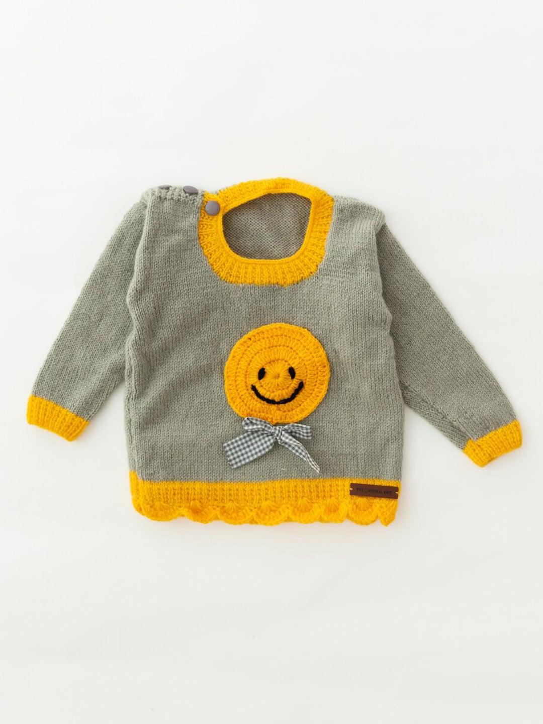 The Original Knit Infants Kids Grey & Yellow Face Patchwork Pullover Sweater