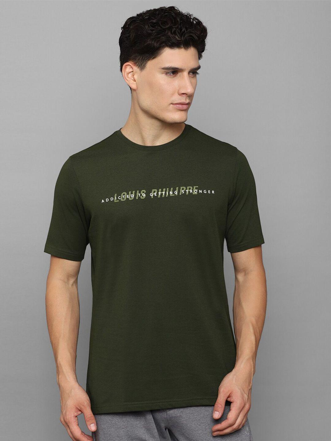 Louis Philippe Men Olive Green Cotton Typography Printed Slim Fit T-shirt